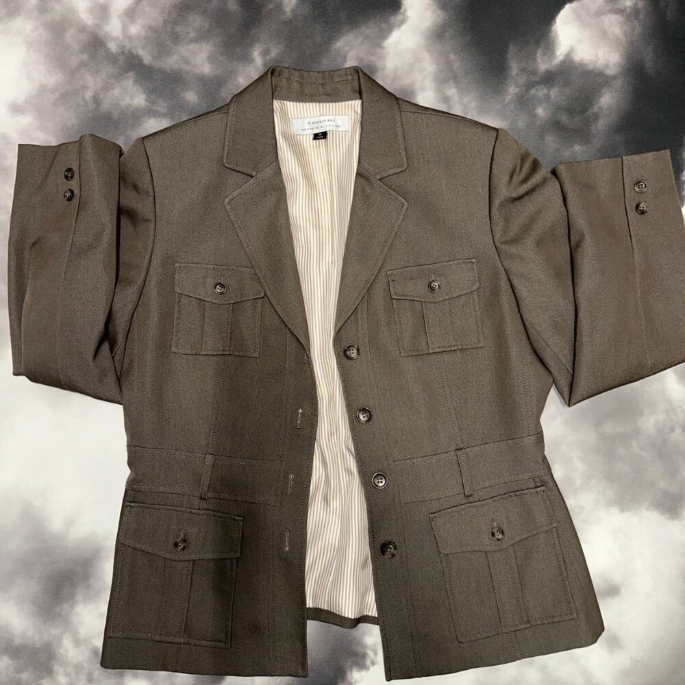 Tahari Arthur Womens Brown Lined Button Front Notch Lapel Utility Blazer Size 12